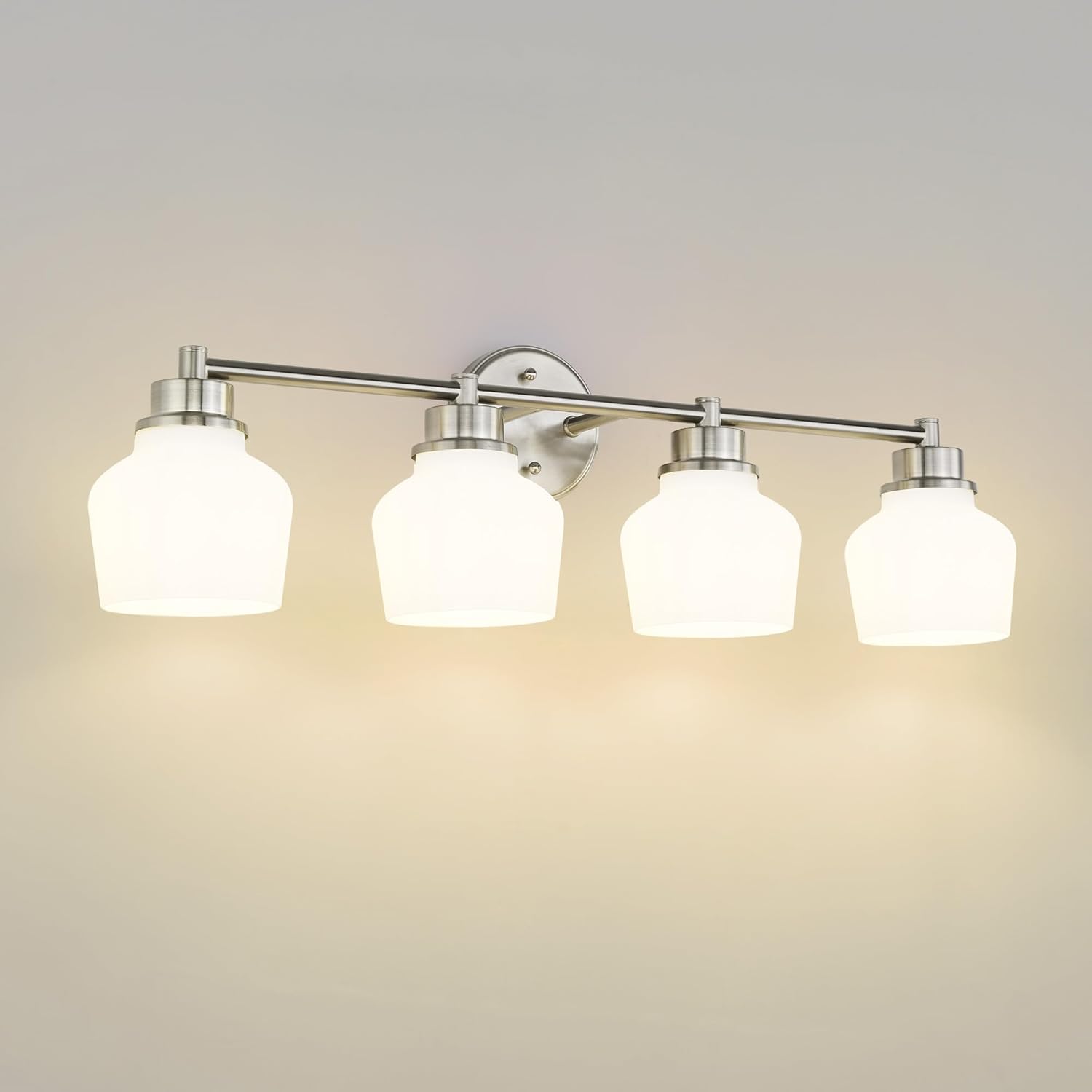 Emak Brushed Nickel Bathroom Light Fixtures Over Mirror, Modern 29 Inch Milk Glass Vanity Light, 4-Light Wall Sconces for Bathroom, Mirror, VL122-BN-ML-4