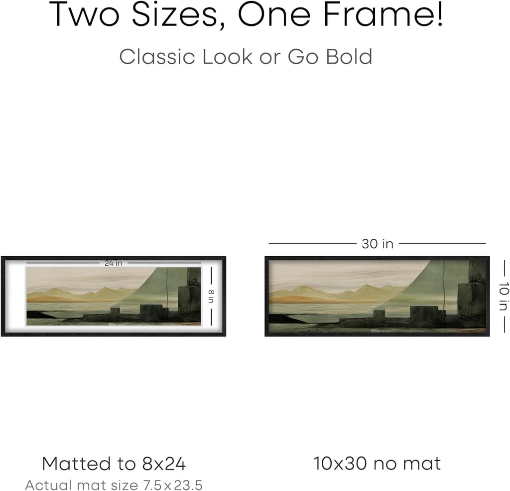 Homeforia 10x30 Black Wood Picture Frame, High End Oak 10x30 Poster Frames with Mat 8x24 Print, 10 x 30 Black Wooden Frames Matted to 8 by 24, 30x10 Panoramic Frame, Tempered Glass, Wall Kit, Set of 1