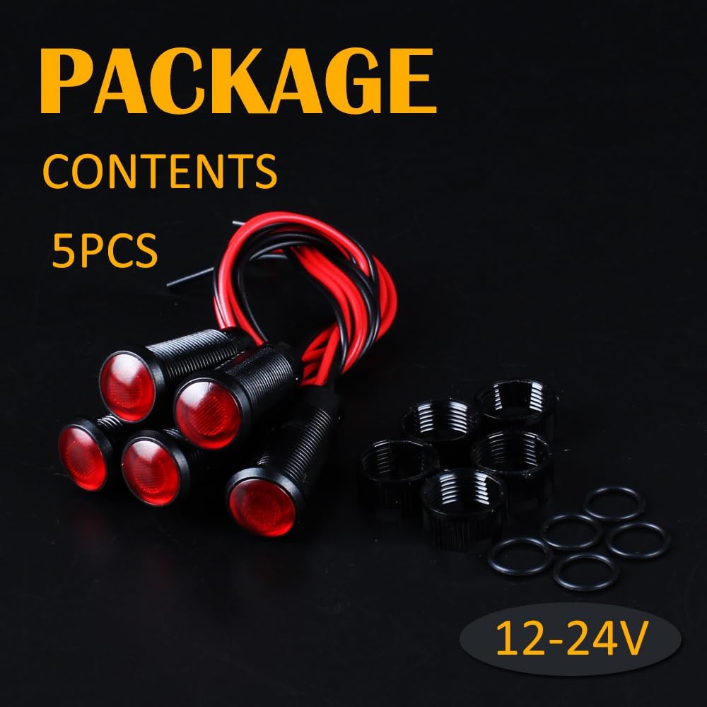5pcs 10mm LED Indicator Light Plastic Black Signal Dot Lamp 12V-24V 2/5" Mounting Hole Size with 15cm/5.9in. Wire (Red LED)
