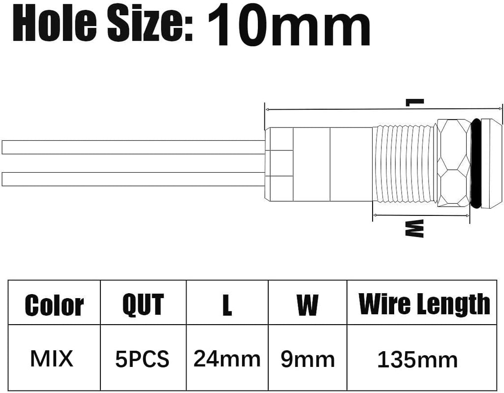 5pcs 10mm AC/DC 12-24V LED Metal Indicator Light Waterproof Signal Lamp Pilot Dash Directional Car Truck Boat with Wire