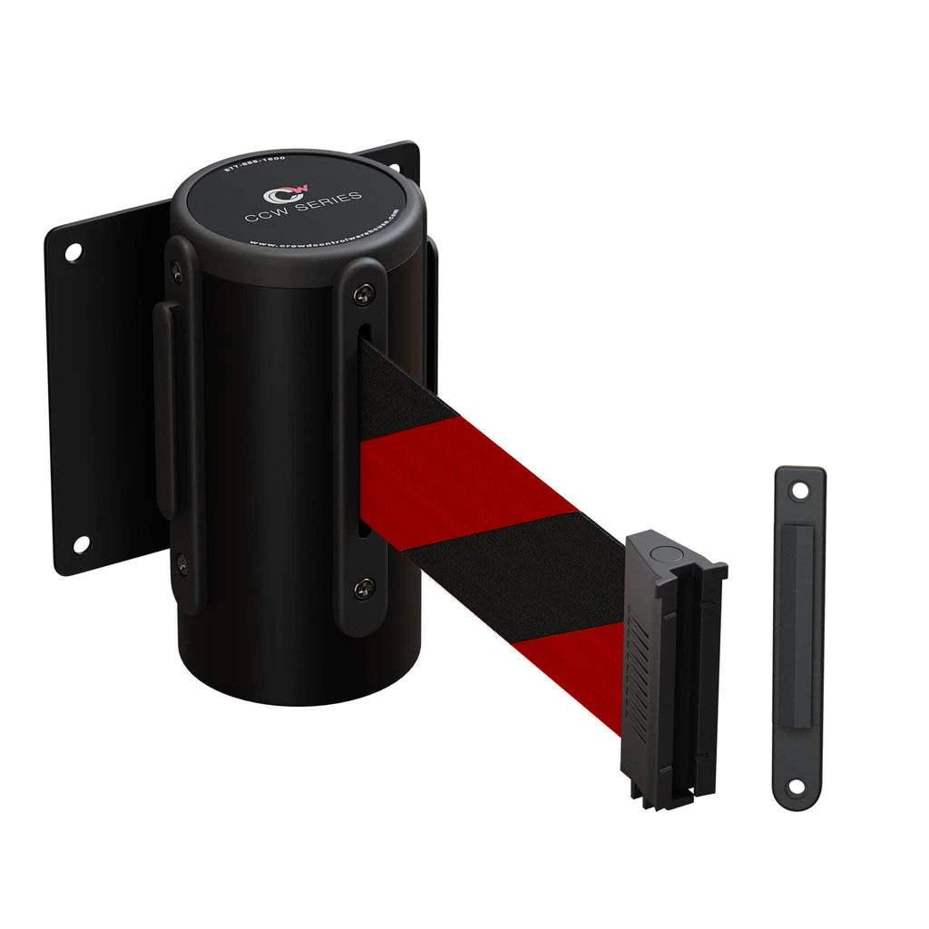 Crowd Control Warehouse - CCW Series WMB-120 Fixed Wall Mount Retractable Belt Barrier - 11 Foot, Black & Red Diagonal Stripes Belt with Black Steel Case, Crowd Control Barriers