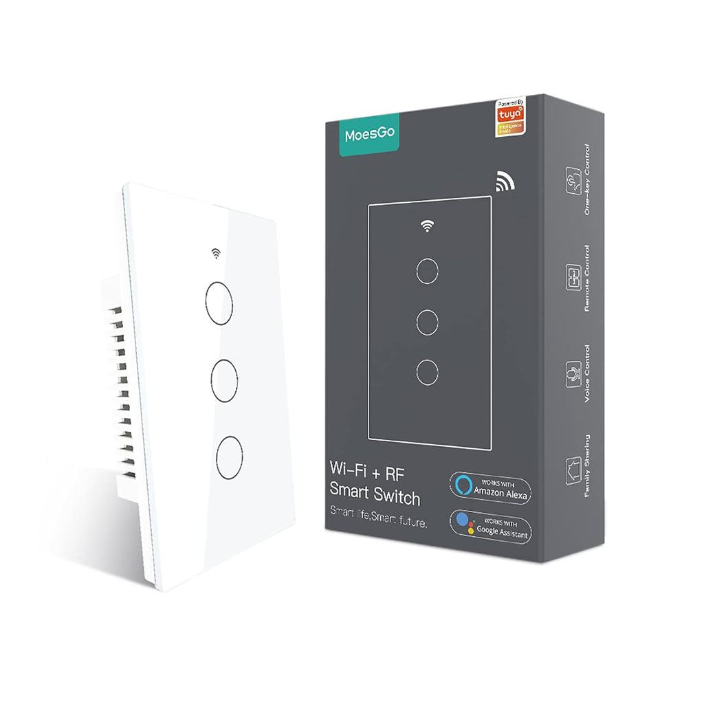 MoesGo WiFi Smart Wall Light Switch,Glass Panel, Multi-Control(3 Way), 2.4GHz Wi-Fi Touch Switches, Neutral Wire Required, Remote Control Smart Life/Tuya App, Work with Alexa, Google Home White 3 Gang