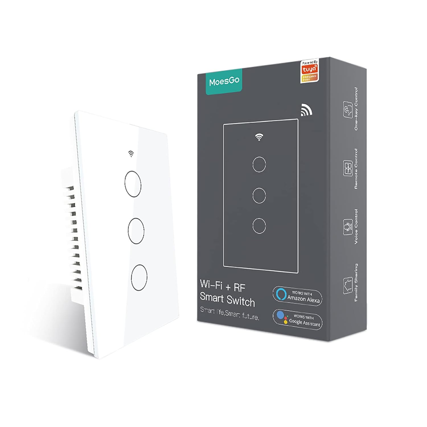 MoesGo WiFi Smart Wall Light Switch,Glass Panel, Multi-Control(3 Way), 2.4GHz Wi-Fi Touch Switches, Neutral Wire Required, Remote Control Smart Life/Tuya App, Work with Alexa, Google Home White 3 Gang