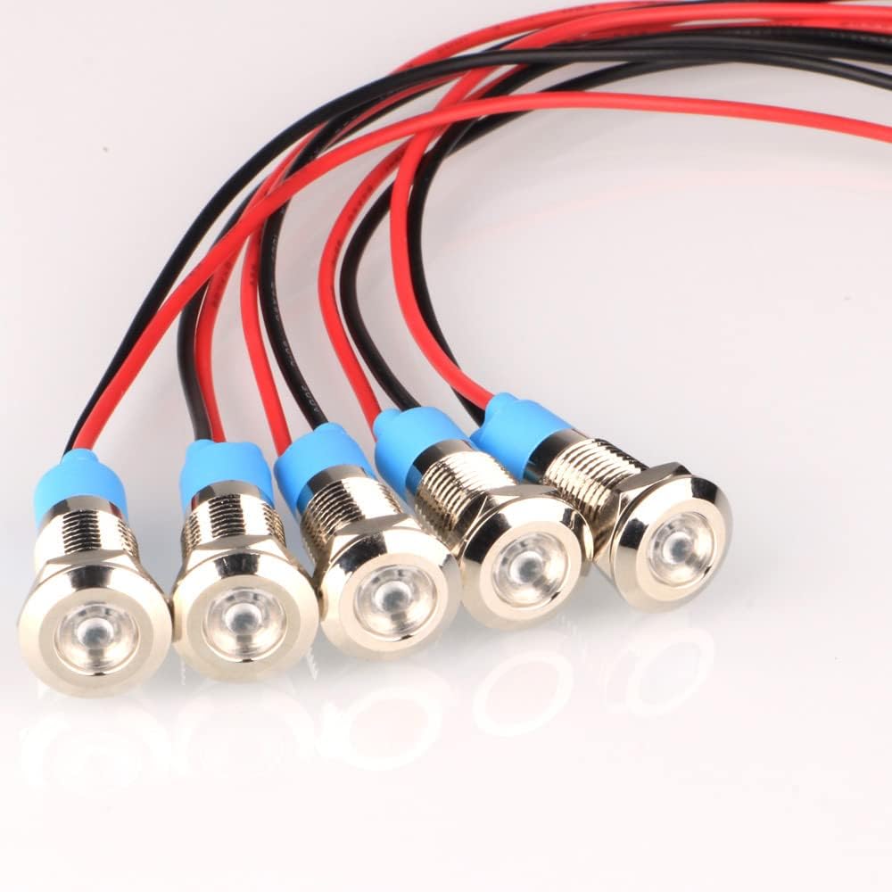 5pcs 8mm LED Metal Indicator Light AC/DC 12-24V Waterproof Signal Lamp Pilot Dash Directional with Wire(White)