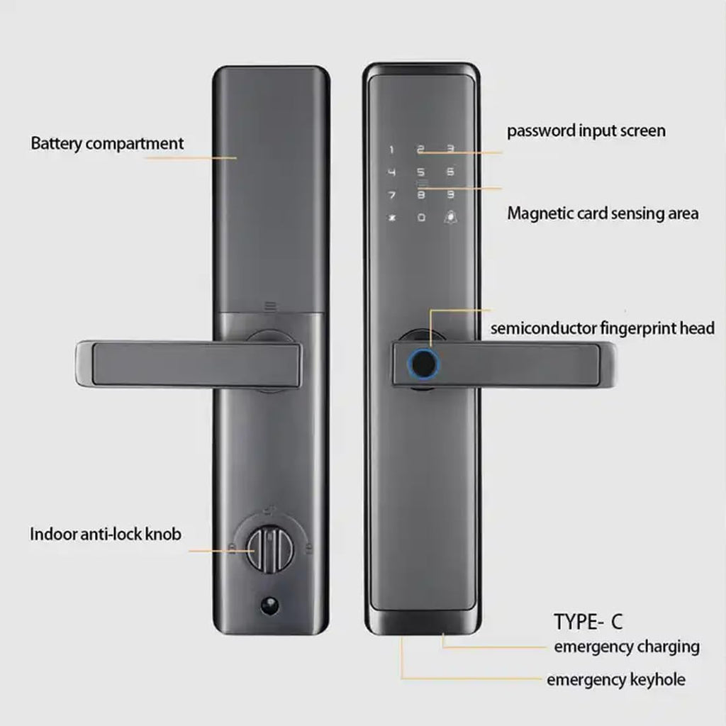 Fingerprint Door Lock with Handle - Tuya App Control & Mechanical Key Backup - 5-in-1 Keyless Entry Smart Lock - Fits 1.38-4.72inch Doors, Auto Lock & USB Emergency Power for Home, Office