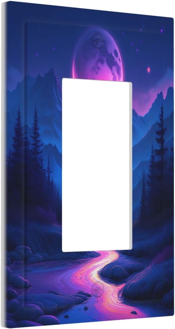 Purple Cyberpunk River Full Moon Mountain Forest Decorative Outlet Covers 1 Gang Single Rocker Light Switch Cover Plate Wall Plates GFCI Faceplate for Bedroom Bathroom Decor