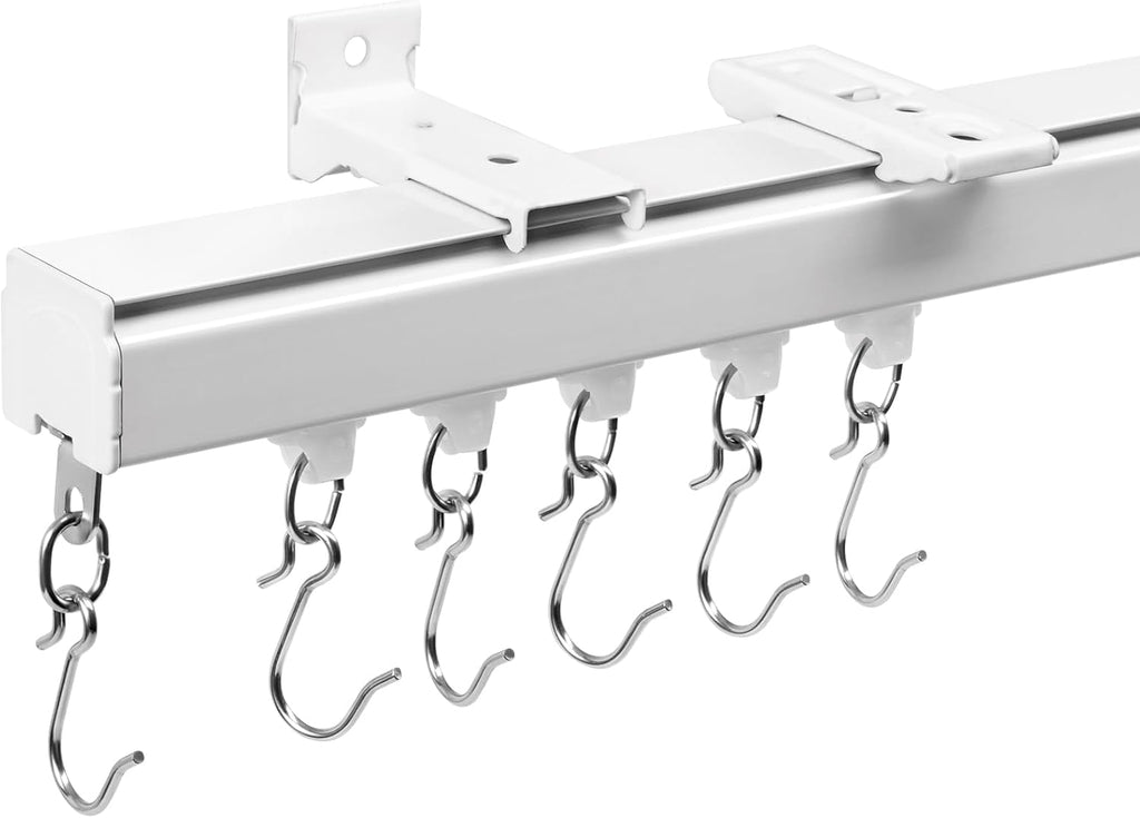 Aluminum 18 ft–24 ft Ceiling Curtain Track Set with 3 Types of Hooks, Adjustable Ceiling/Wall Mount Room Divider Curtain Rail System, White