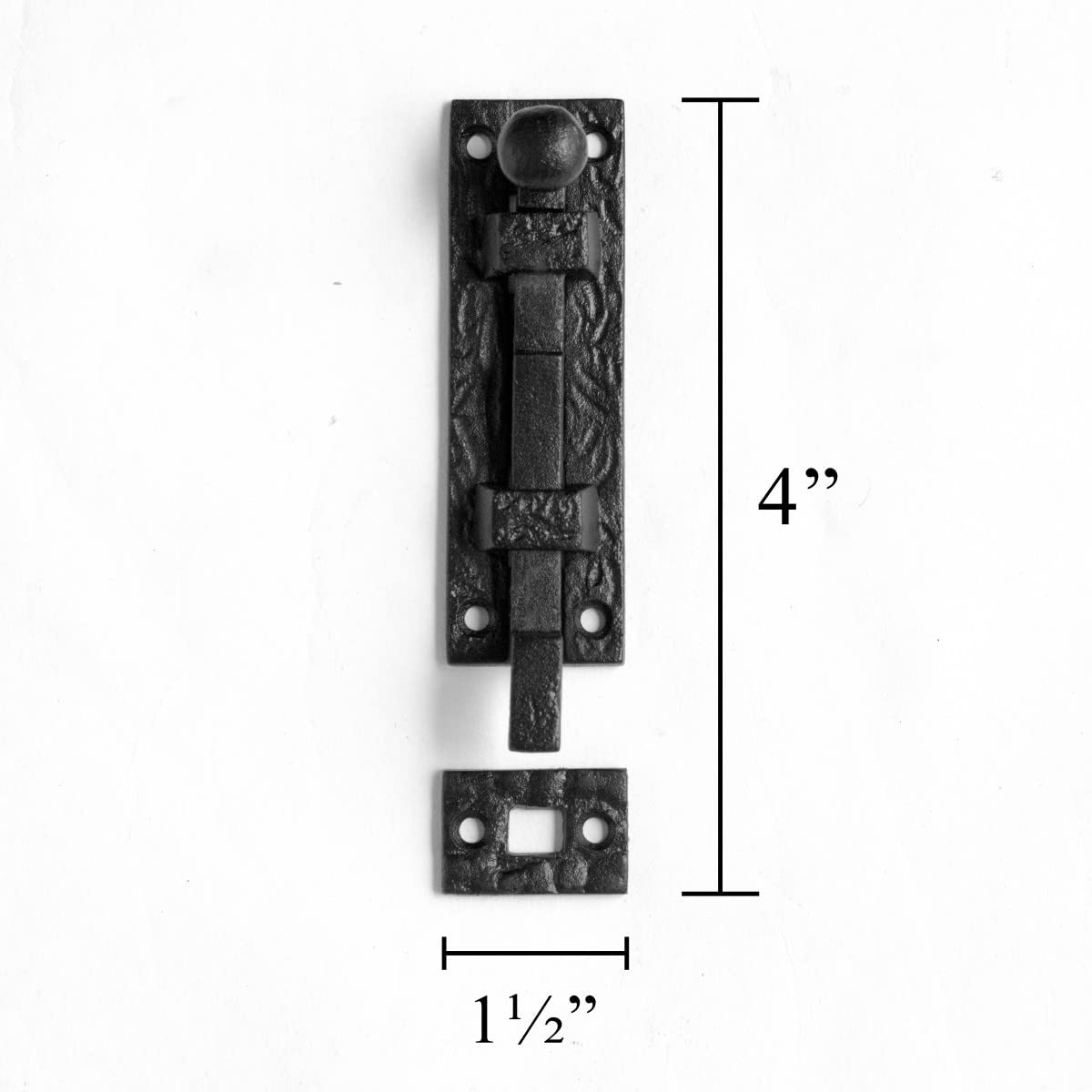 Renovators Supply Manufacturing Black Offset Slide Bolt Door Latch 4" Long Wrought Iron Metal Surface Sliding Bolts with Catch for Cabinet Doors Easy Install Lock with Mounting Hardware Pack of 4