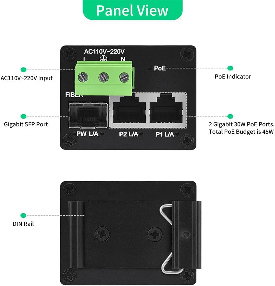 3 Port Gigabit PoE+ Switch with SFP Fiber Uplink Slot, Managed 2 PoE 30W 802.3at High-Power Ethernet Switch, Desktop/Wall-Mount Web Interface Configurable