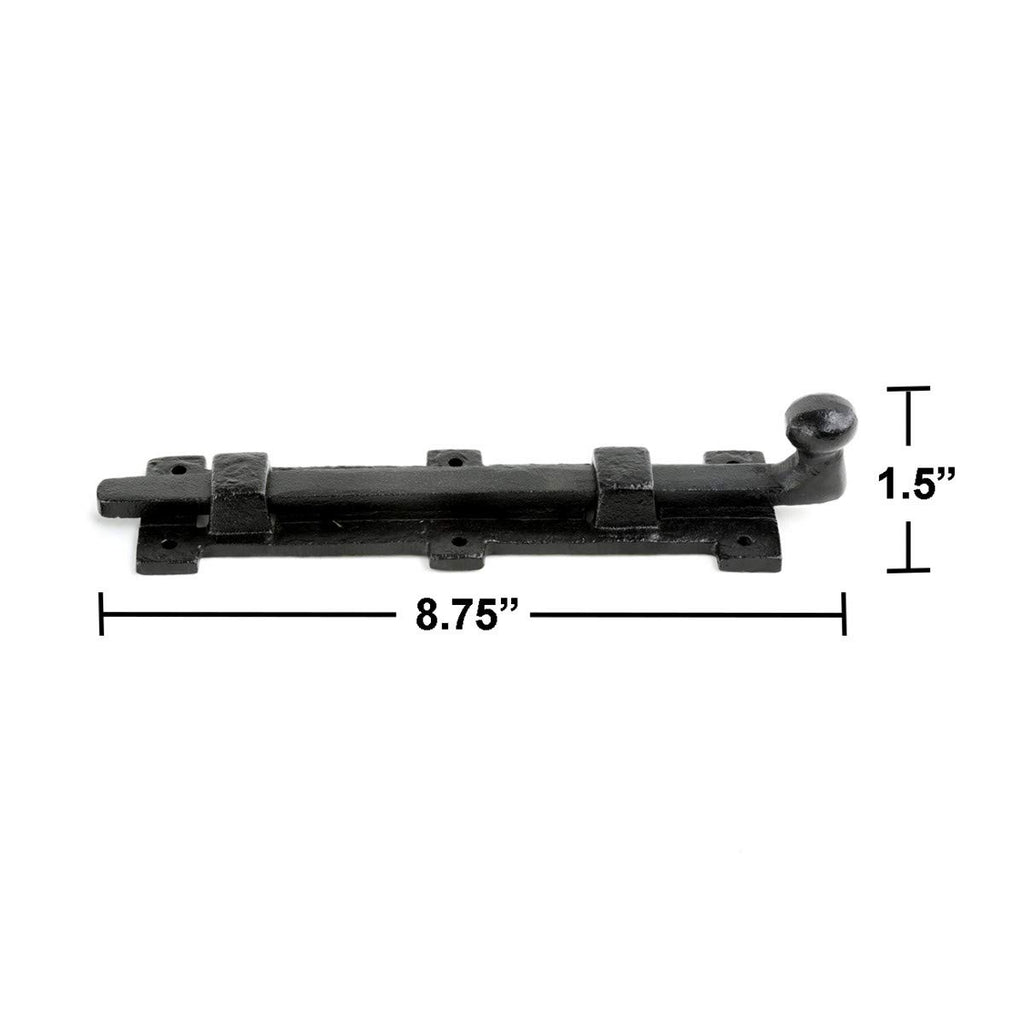 Renovators Supply Manufacturing Slide Bolt Latch 8 3/4 in. Black Wrought Iron Ball Tip Style Slide Bolt with Mounting Hardware Pack of 2