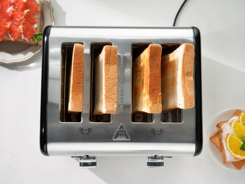 Roter Mond Countdown Stainless Steel 4 Slice Toaster with Bagel, Defrost, Cancel Function, Dual Toaster, Extra Wide Slots, 6 Shade Settings, Removable Crumb Trays, 1650W, Black