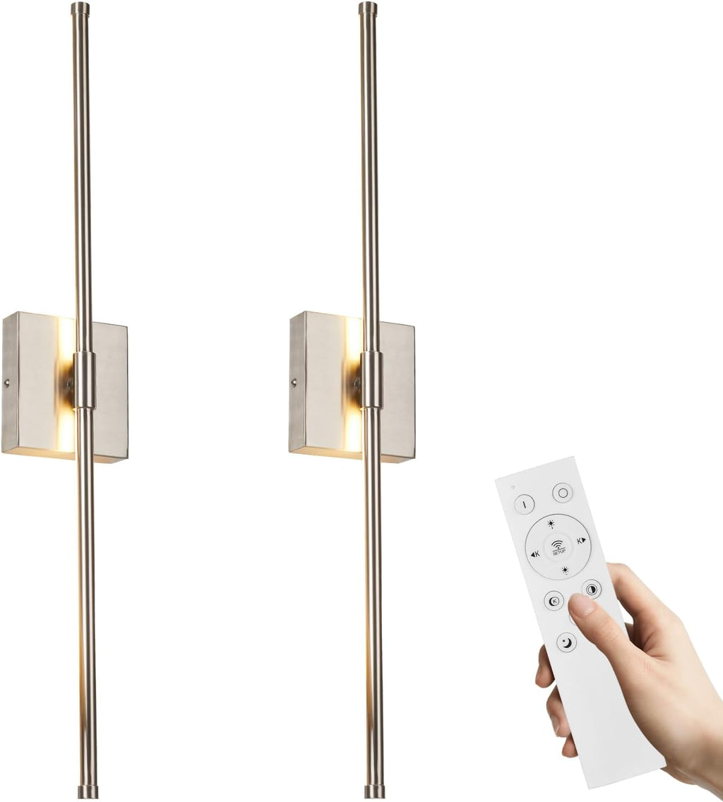 LED Wall Sconces with Remote Control, Dimmable Wall Sconces Set of 2, 5 Colors 3000K-6500K & Dimmable, Hardwire Wall Light with Timer & Night Light, LED Nickel Wall Lamps for Living Room, Bedroom