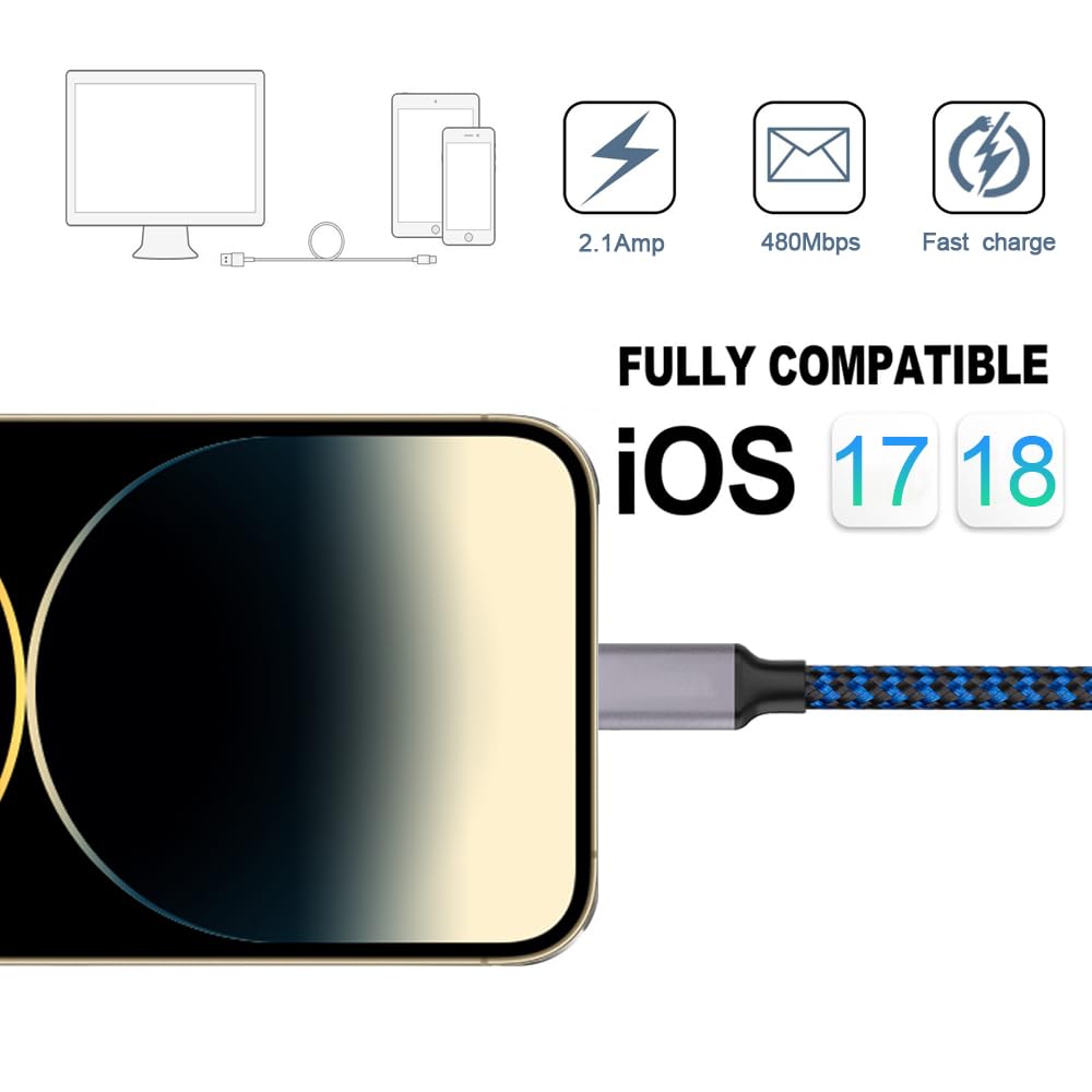 TAKAGI for iPhone Charger, [MFi Certified] Lightning Cable 3PACK 3FT Nylon Braided USB Charging Cable High Speed Transfer Cord Compatible with iPhone 14/13/12/11 Pro Max/XS MAX/XR/XS/X/8/iPad(Blue)