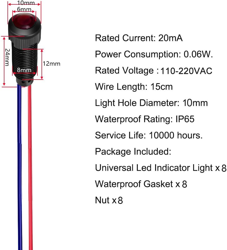 8pcs Red LED Indicator Pilot Light 110VAC Mounting Hole Size 8mm(Flame Retardant Plastic Shell)