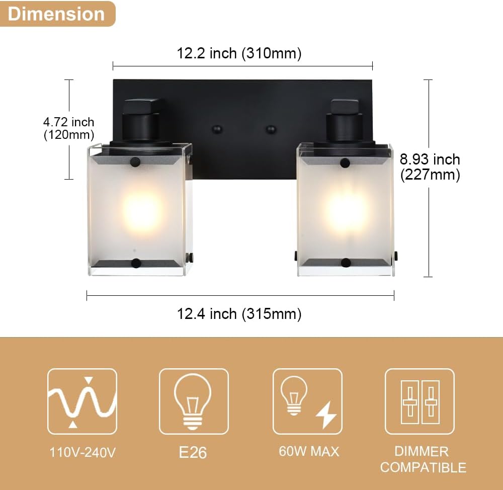 Black Wall Sconce Lighting, 2-Light Bathroom Vanity Light Fixture Wall Mount Lamp Over Mirror for Bedroom Bedside Studty Living Room, Rectangular Frosted Glass Shade