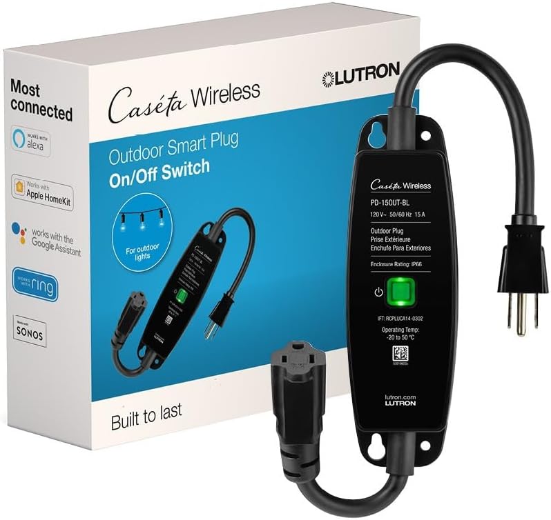 Lutron Smart Outdoor Plug for Caseta Smart Lighting, for Summer, Patio, Backyard, and Outdoor Lights, & Motors, 15A LED Fixtures & 1/2 HP Motors, PD-15OUT-BL, Black