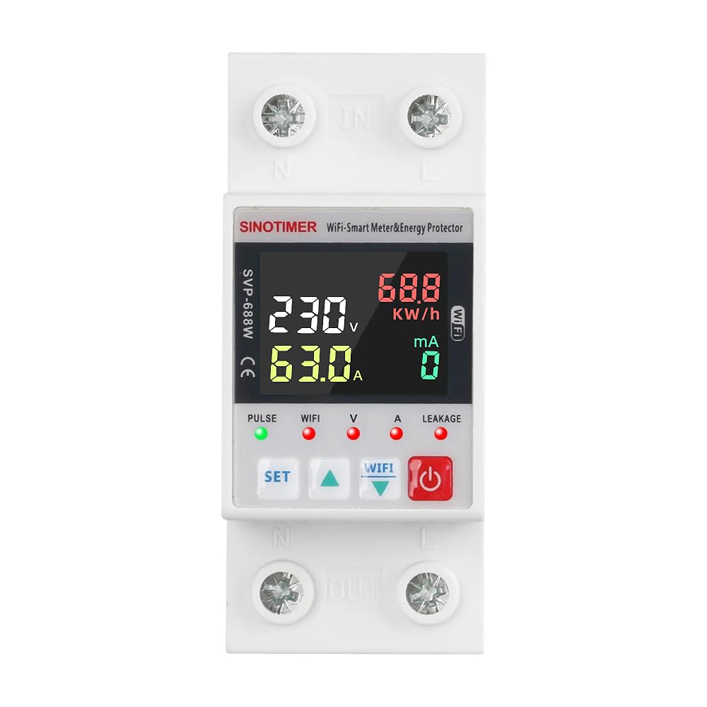 Colorful LED SVP688W WiFi Smart Energy Meter AC 63A 80-300V WiFi Earth Leakage Over Under Voltage Protector Circuit Breaker Din Rail Electricity Energy Monitor APP Remote Control Smart Life 230V