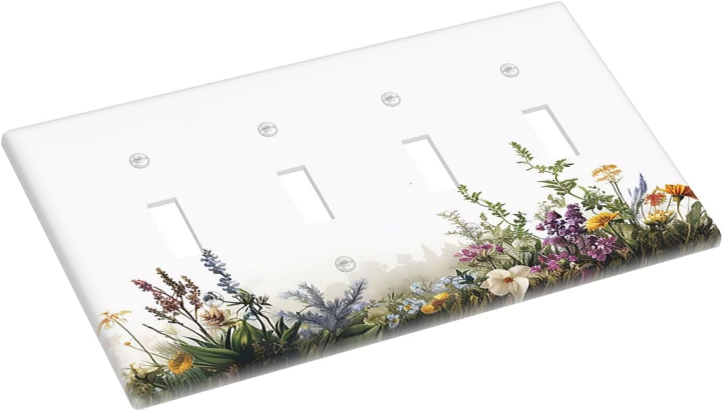Light Switch Cover Plate White Background Colorful Flowers Plants Green Leaves 4 Gang Quad Toggle Wall Plate Electrical Outlet Cover Decorative Switch Plate Covers for Bedroom Home Decor