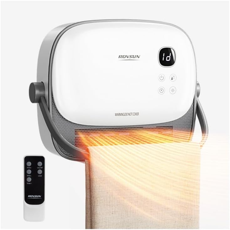 ROVSUN Samll Wall Space Heater with Remote Control, 2-in-1 Electric Heater with Portable Handle, Timer, PTC Heating Elements, Wall Heater for Indoor Use, Living Room, Bedroom, Office, Home, 1500W