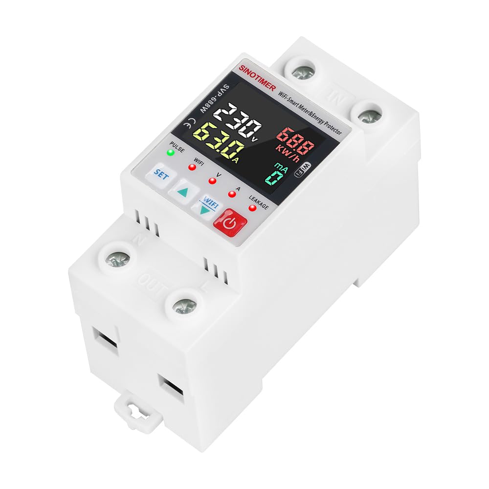 Colorful LED SVP688W WiFi Smart Energy Meter AC 63A 80-300V WiFi Earth Leakage Over Under Voltage Protector Circuit Breaker Din Rail Electricity Energy Monitor APP Remote Control Smart Life 230V