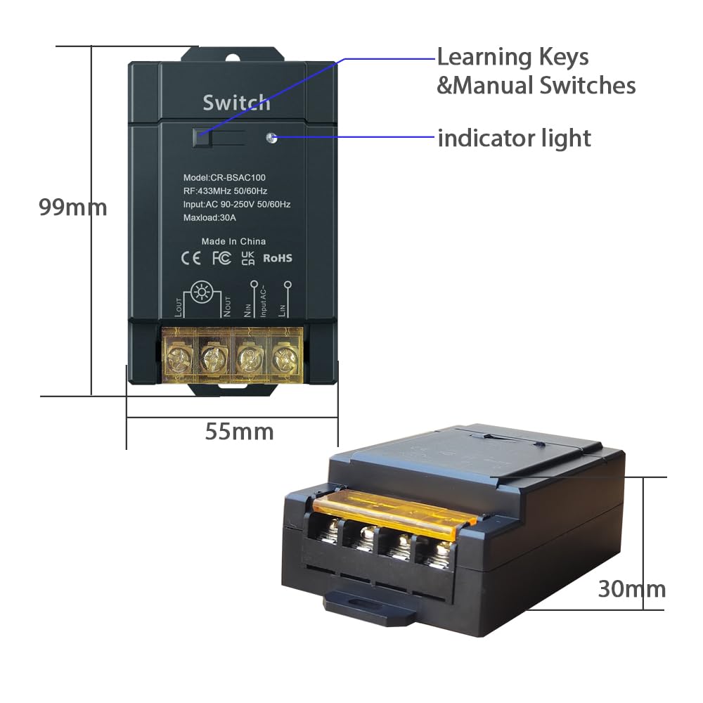 433Mhz Wireless Remote Control Switch AC 110V 120V 240V 220V 30A Receiver with 2 Transmitters for Light Water Pump Household Appliances Farm Irrigation and Electrical Equipment