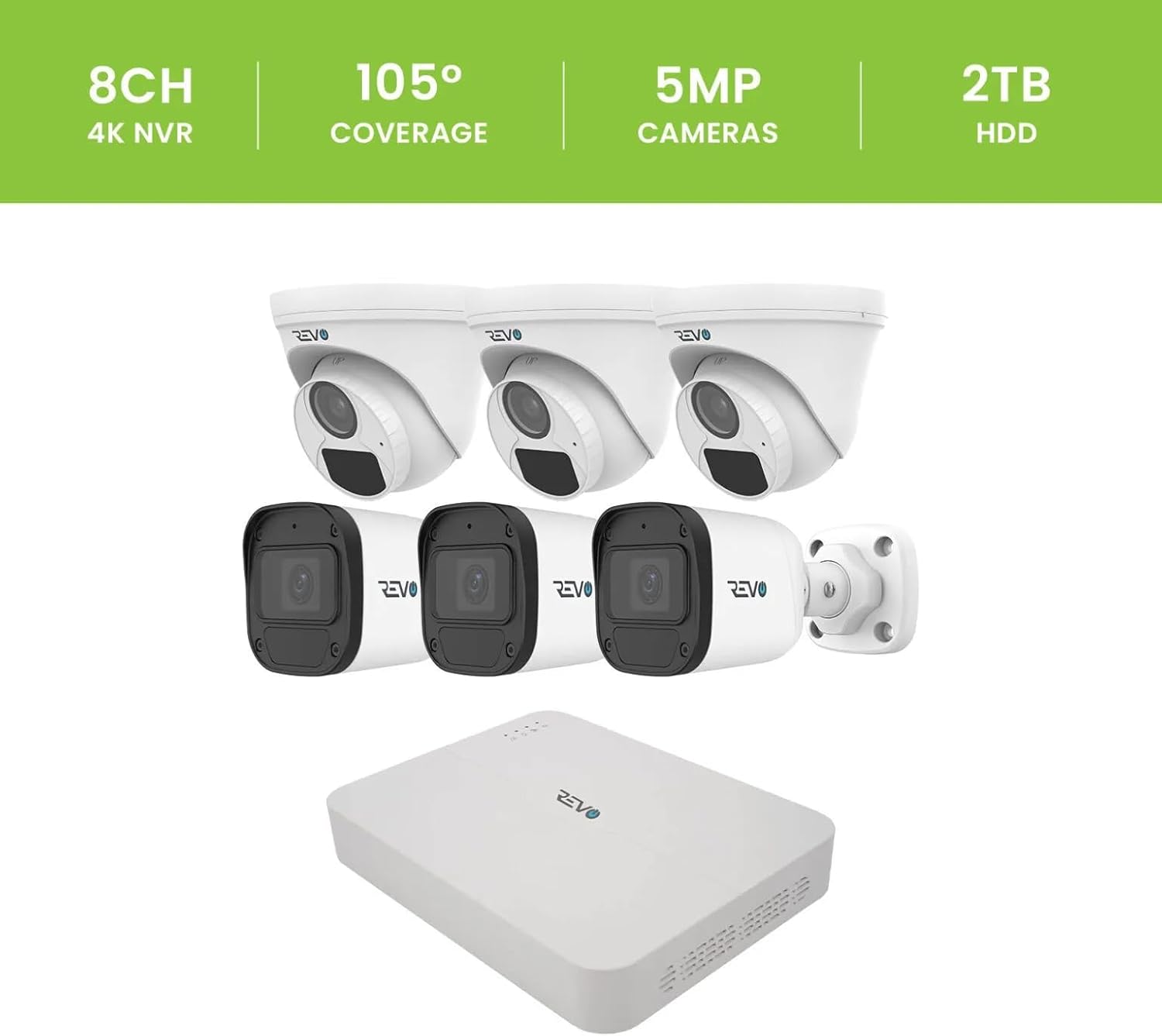 Revo Ultra Blue Series 8CH 4K POE H.265 NVR, 2TB & 6X 5 Megapixel Indoor/Outdoor IR Cameras with Built-in Mic – Remote Access Via Pc, Mac & Phone (No Monthly Fee)