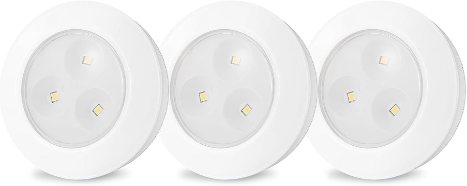 LUXSWAY LED Puck Light, Ultra-Thin Touch Light, Battery Operated, Tap Lights, 60 Lumens, Stick on Lights, Under Cabinet Lighting, Ideal for Kitchen Cabinets, Closets, Garage and More, 3-Pack, White