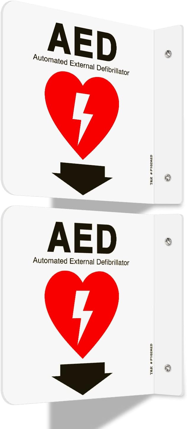 T&R AED Sign, Automated External Defibrillator with Down Arrow - 2 Pack - 6 x 6 Inches Acrylic, 2 pre-drilled holes, Includes Matching Screws, Use for Office/Business