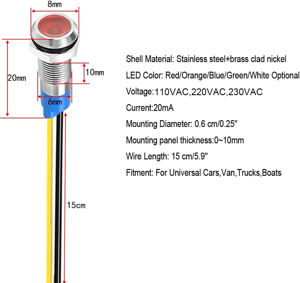 10Pcs 6mm 1/4" LED Metal Indicator Light 110V-220V/AC Waterproof Signal Lamp (Red)