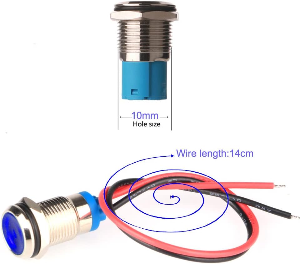 5pcs 10mm Energy-saving LED Metal Indicator Light AC/DC 12-24V Waterproof Signal Lamp with Wire(Blue)