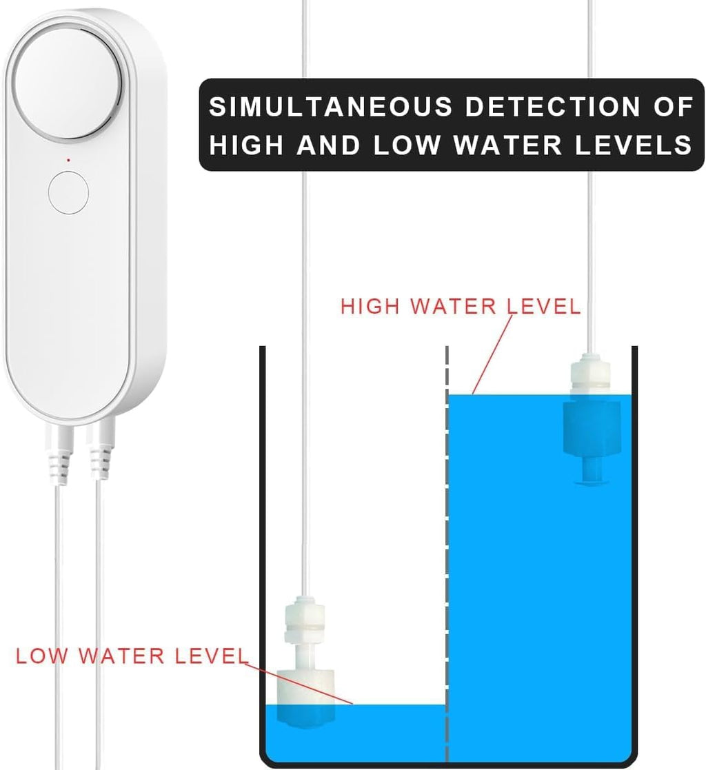 WiFi Water Level Detector with Dual Probe, Smart High/Low Water Level Sensor Alarms, Detached 16.4FT Detection Line, Left and Right Dual Alarms, Remote App Monitoring, Dual Alerts, AAA Battery Powered