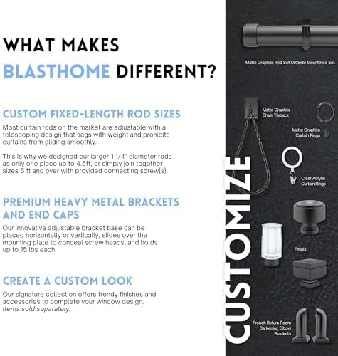 BlastHome® Non-Adjustable Luxury Extra Long Curtain Rod, 1 ¼” Rod Set, 15 foot Fixed Length (Four Rods Connect for a Seamless Look), Matte Graphite