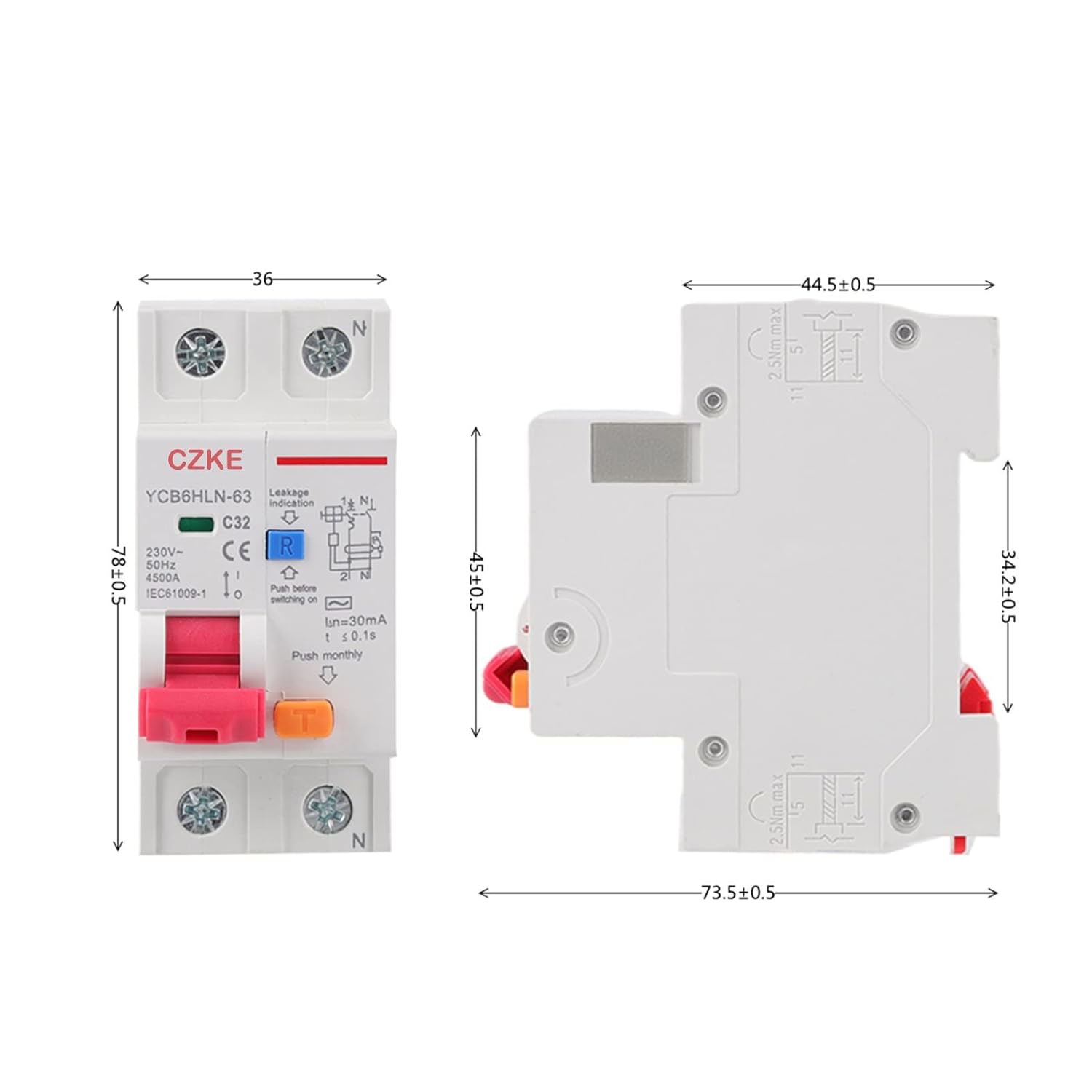 CZKE 30mA RCBO MCB 230V 50/60 Hz Residual Current Circuit Breaker with Over Current and Leakage Protection 6/10/16/20/25/32/40A (Color : 1P N, Size : 32A)
