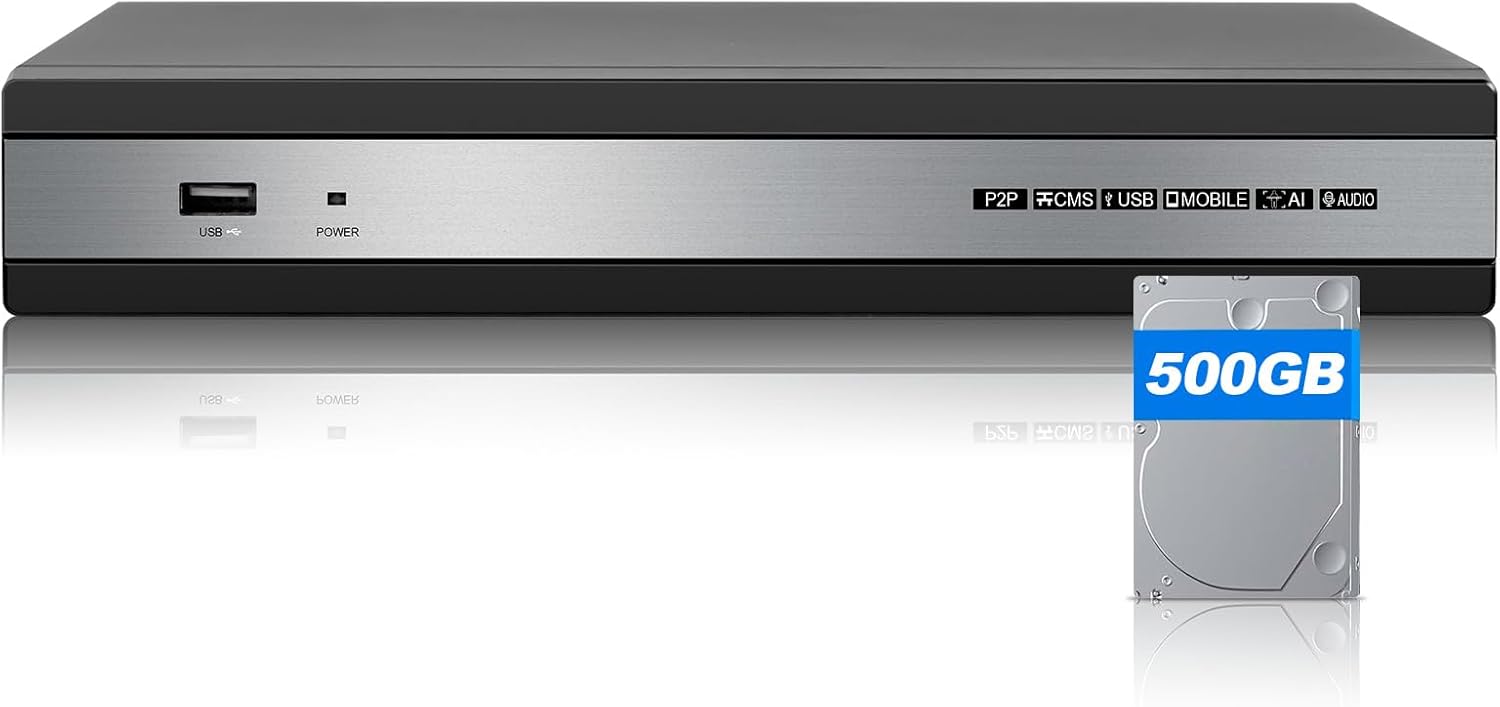 Security Camera System, 4 Channel 6 in 1 DVR for Security Camera/AHD/TVI/CVI/CVBS/IP Surveillance, with 500GB Hard Drive, Max to 14TB