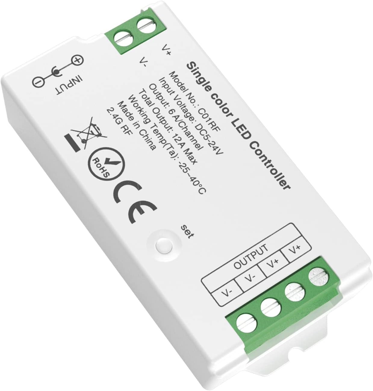 C01RF LED Controller Support PWM 5050SMD COB Single Color (+V -V) 2pin LED Strip Light Compatible with RC01RF LM087 LM007 WR02RF Remote DC5V/DC12V/DC24V Max 12A Indoor Use Only