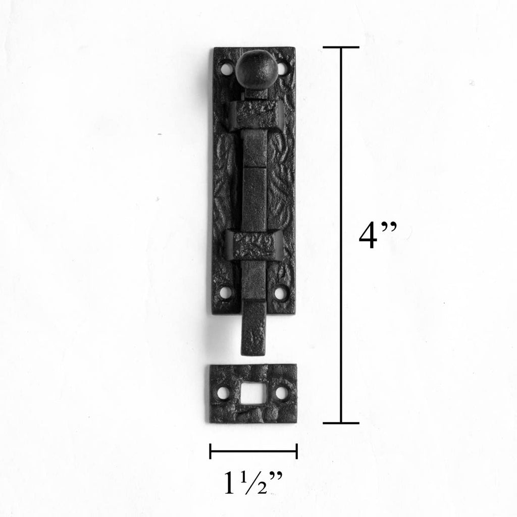 Renovators Supply Manufacturing Door Lock Latch 4 in. Black Wrought Iron Ball Tip Styled Necked Offset Slide Bolt Latch with Mounting Hardware