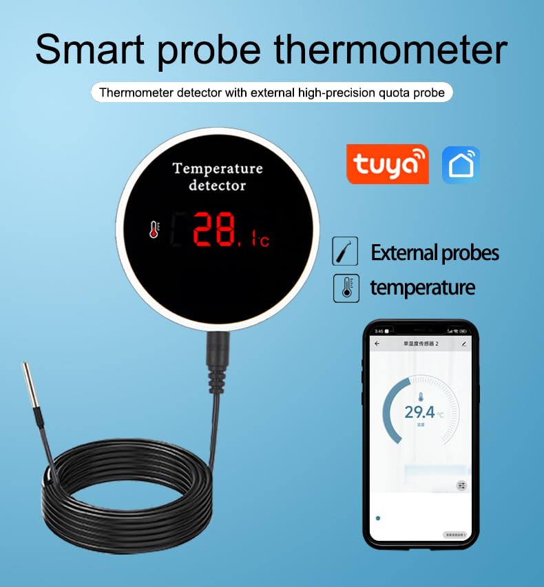 PHOVOLT WiFi Refrigerator Thermometer: Digital Fridge Thermometer, LCD Display,App Notification, Remote App Monitor for Pool, Hot Tub, Fish Tank (Temperature)