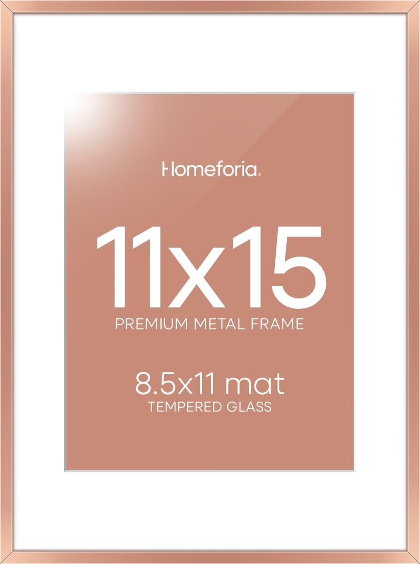 Homeforia 11x15 Picture Frame Rose Gold, High End Metal 11x15 Wall Hanging Frame with Mat 8.5x11, 11 x 15 Poster Frames Matted to 8.5 x 11 inch Photo, 11by15 Frames, Tempered Glass, Wall Kit, Set of 1