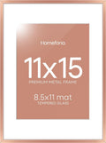 Homeforia 11x15 Picture Frame Rose Gold, High End Metal 11x15 Wall Hanging Frame with Mat 8.5x11, 11 x 15 Poster Frames Matted to 8.5 x 11 inch Photo, 11by15 Frames, Tempered Glass, Wall Kit, Set of 1