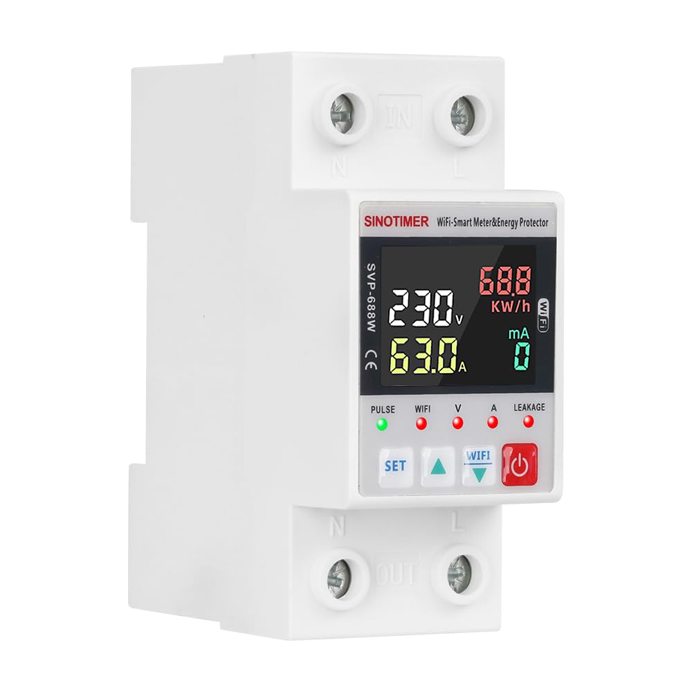 Colorful LED SVP688W WiFi Smart Energy Meter AC 63A 80-300V WiFi Earth Leakage Over Under Voltage Protector Circuit Breaker Din Rail Electricity Energy Monitor APP Remote Control Smart Life 230V