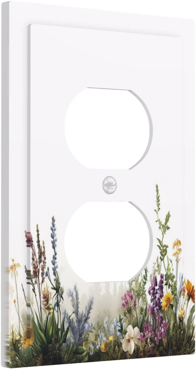 Outlet Covers White Background Colorful Flowers Plants Green Leaves 1 Gang Duplex Light Switch Cover Plate Decorative Switch Plate Covers Electrical Socket Cover for Bedroom Home Decor