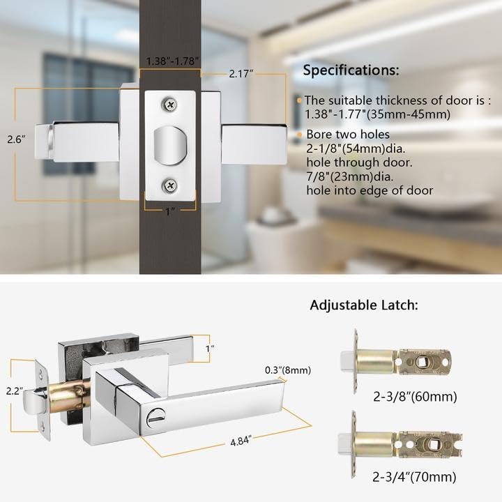 Probrico Heavy Duty Privacy Door Handle Lever with Contemporary Square Design for Home Bedroom or Bathroom in Polished Chrome [Universal Handing] 1 Pack