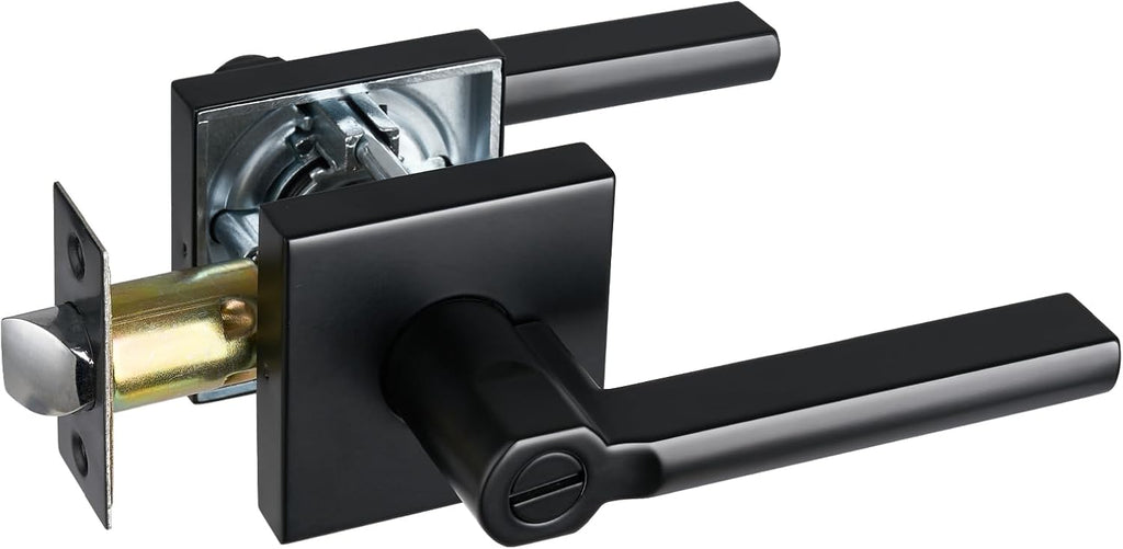 Privacy Door Lever, Heavy Duty Bathroom Bedroom Handle Lock, Keyless Interior Knobs, Matte Black, Reversible for Right&Left Handed, 1Pack