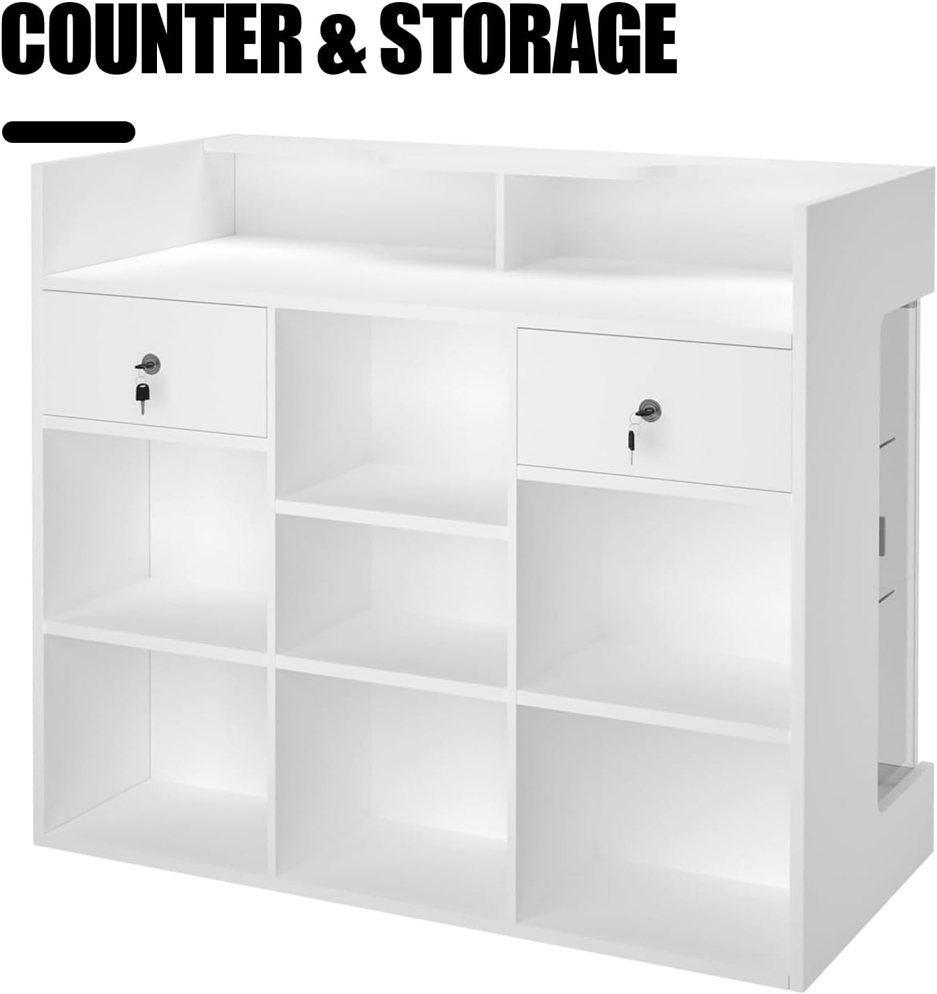 48" W x 22" D x 42" H - Retail Sales Counter with Adjustable Glass Shelves, Tempered Glass，White Laminated Particle Board, Locking Drawers
