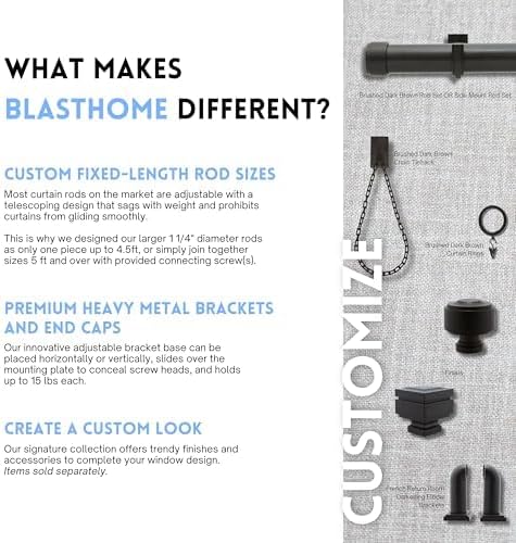 BlastHome® Non-Adjustable Luxury Extra Long Curtain Rod, 1 ¼” Rod Set, 13 foot Fixed Length (Three Rods Connect for a Seamless Look), Brushed Dark Brown