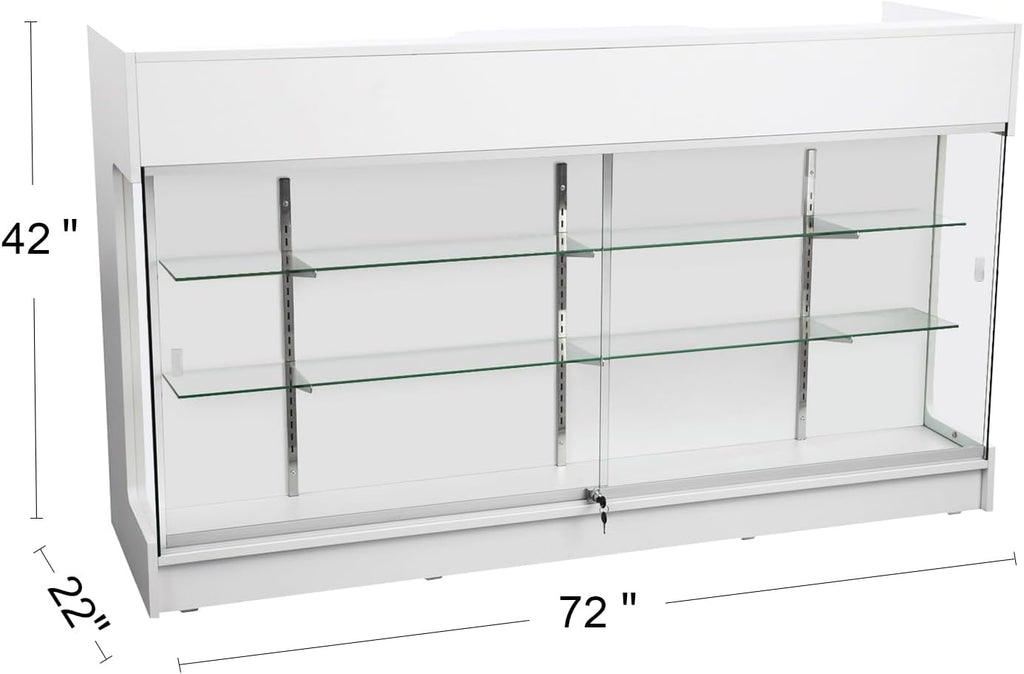 72" W x 22" D x 42" H - Ledgetop Checkout Counter with Glass Showcase View Front, White Wooden Cash Register Stand with Showcase,Retail Glass Display Cabinet Counter