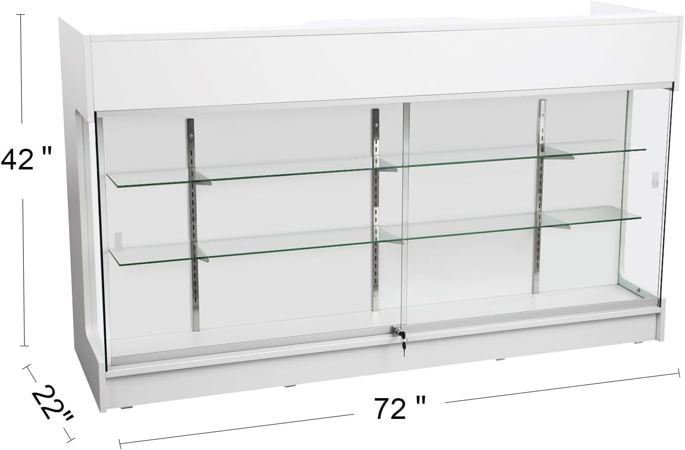 72" W x 22" D x 42" H - Ledgetop Checkout Counter with Glass Showcase View Front, White Wooden Cash Register Stand with Showcase,Retail Glass Display Cabinet Counter