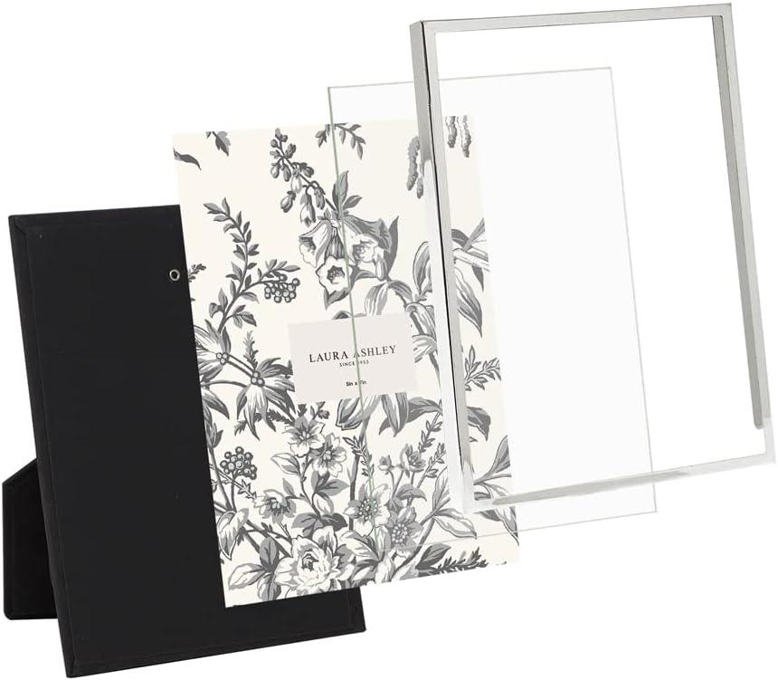 Laura Ashley 5x7 Silver Flat Metal Picture Frame (Vertical & Horizontal) w/Two-Way Easel Stand, Black Velvet Backing, Wall-Mountable, Made for Tabletop, Desk, Wall Display, Home Décor (5x7, Silver)