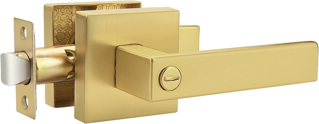 Probrico Heavy Duty Flat Gold Door Handles Square Privacy Interior Door Levers Bedroom and Bathroom Door Handles Keyless Bed/Bath Lockset (1 Pack)