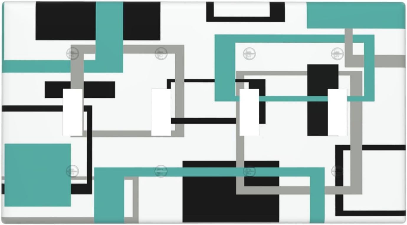 Geometric Turquoise Black Gray Modern Abstract Boho Light Switch Covers Quad Toggle Electrical Faceplate 4 Gang Wall Plate Decorative Switch Plates Cover for Office Nursery Decor